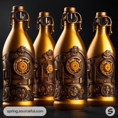 Gold bottles with intricate steampunk designs, featuring gears and dials on a dark background.