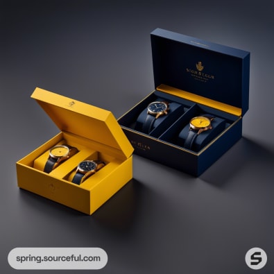 Open boxes displaying two wristwatches side by side.