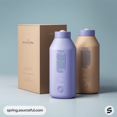 Two skincare bottles in lavender and tan with a tan box.