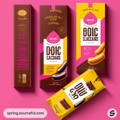 Chocolate packaging on pink background with bars featuring eclairs and chocolate pieces, labeled '80ic Eclairs'.