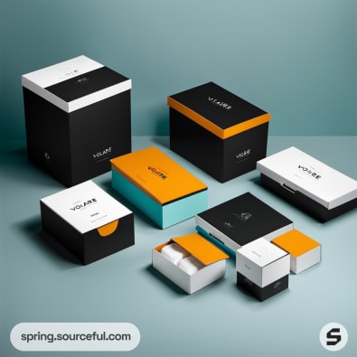 Assorted black, orange, and teal boxes with white interiors on a teal background.