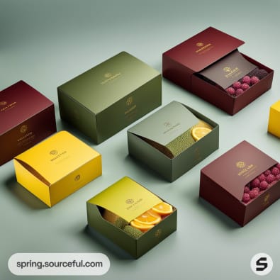 Colorful gradient boxes with fruits and chocolates on a green surface.