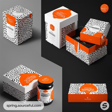 Leopard print packaging with orange accents, including a jar and drawer box.