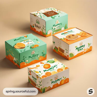 Four rectangular bakery boxes with citrus illustrations and 'Mummy Bake' text.