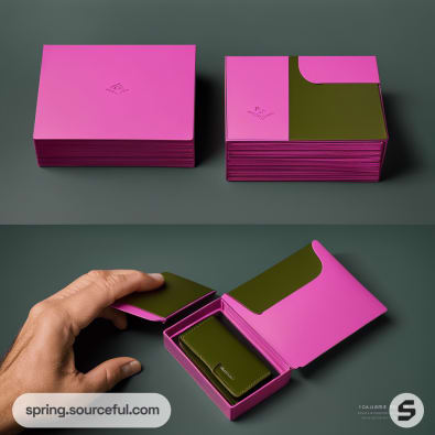 Pink and green folding carton for cards on a green background.