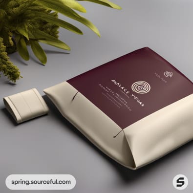 Flat resealable pouch with dark red and cream design, featuring a spiral motif and text, next to a small white packet.