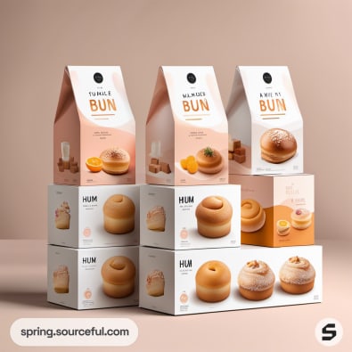 Stacked bun packaging in various designs on beige.