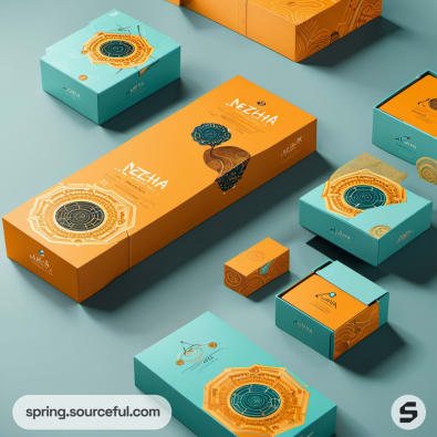 Assorted orange and teal packages on a teal surface.