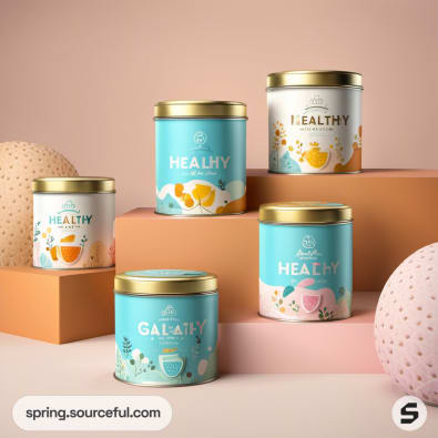 Assorted tins with health-themed designs on pastel blocks.