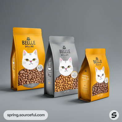 Three bags of cat food with cat illustrations on orange, gray, and beige packaging.