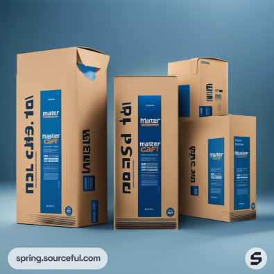 Tan and blue cardboard boxes with printed text and handles.