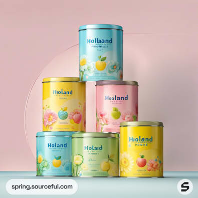 Stacked cylindrical cans with fruit illustrations and pastel colors.