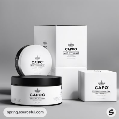 White cylindrical and rectangular cosmetic containers with black caps and minimalist design.