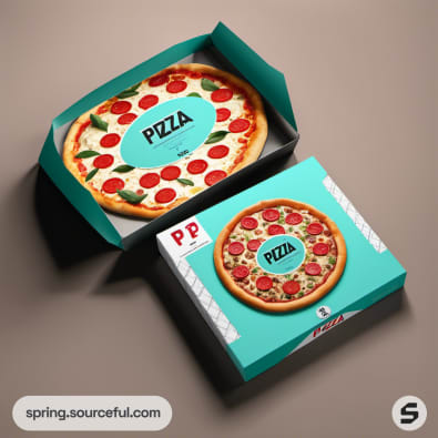 Open and closed pizza box with pepperoni pizza, turquoise color with 'Pizza' text.