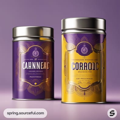 Two cylindrical tins with purple and yellow designs on a lavender background.