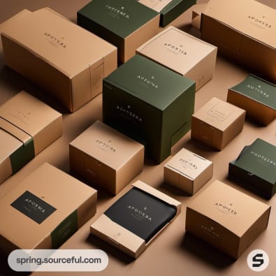 Diverse group of brown and green boxes, various sizes on a tan background.