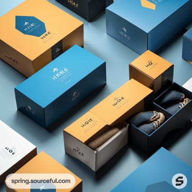 Orange and blue packaging boxes with a shoe inside.