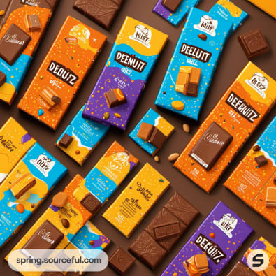 Colorful chocolate bar packaging with nutty themes, arranged artistically on a brown background.