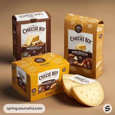 Various Cheese Boy packages featuring mozzarella cheese, placed on a brown surface.