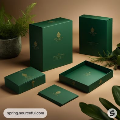 Assorted green packaging boxes with gold text, plants around