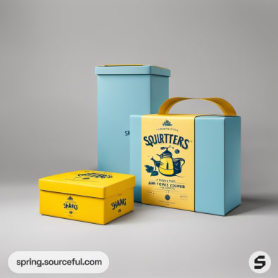 Blue and yellow gift boxes with handles and 'Squirters' branding.