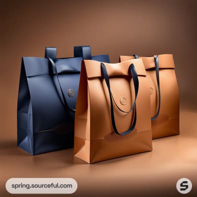 Brown and blue luxury shopping bags with handles on a brown background.