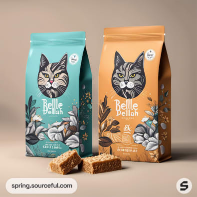 Turquoise and brown cat food pouches with floral designs.