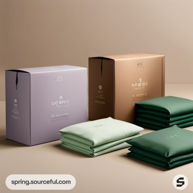 Purple and brown boxes with stacked green pouches on a neutral background.