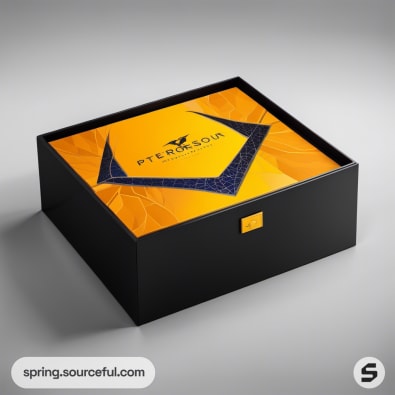 Black and orange square box with pterosaur design, elegant finish.