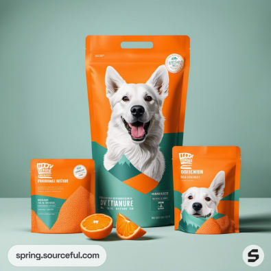 Orange and teal packaging with a dog image and citrus motif on a mint background.