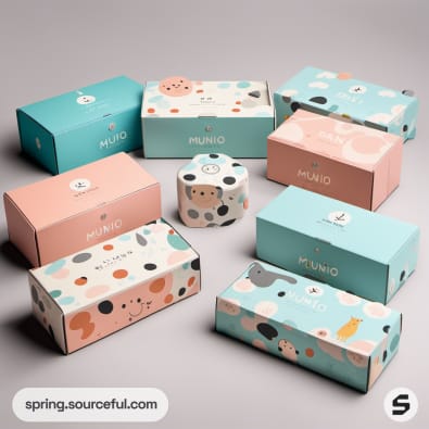 Pastel rectangular boxes featuring adorable animal designs and 'munio' branding.