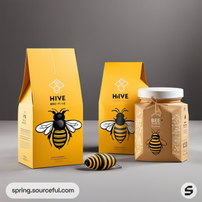 Bee-themed yellow and brown packaging for honey products.