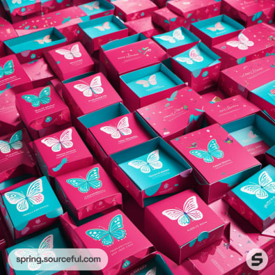 Array of pink and blue butterfly-themed boxes