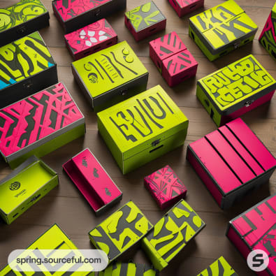 Bright pink and green mailer boxes with abstract patterns on a wood surface.