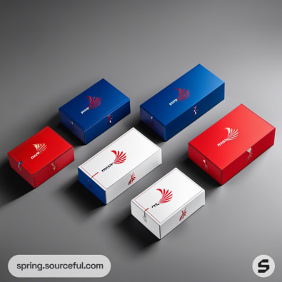 Set of red, white, and blue boxes with wing logos.