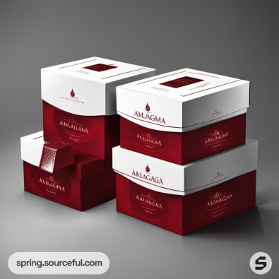 Stack of red and white rectangular boxes with elegant gold details.