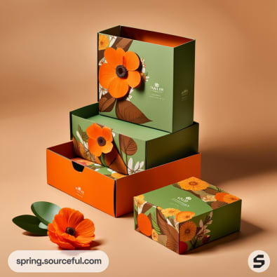 Stacked green and orange drawer boxes with floral designs and a large cut-out flower on beige background.