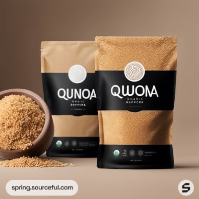 Two brown and black resealable pouches of quinoa, with a bowl of grains beside them.