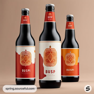 Three beer bottles with intricate red and white label designs