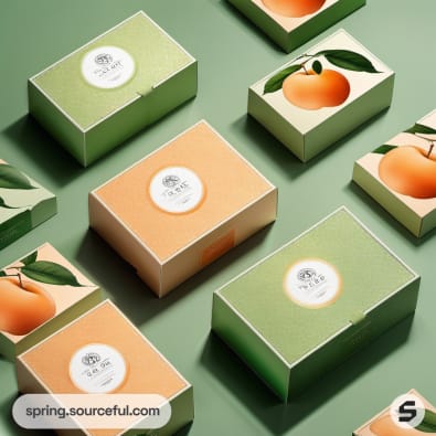 Green and orange themed packaging boxes with fruit illustrations on a green background.