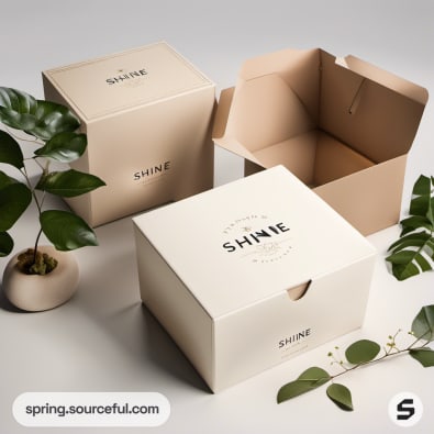 Open beige boxes with 'SHINE' text, decorated with green leaves.