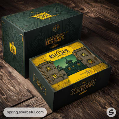 Two escape room boxes with mysterious building designs on a wooden surface.