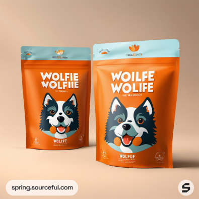 Two orange resealable pouches with dog illustrations and bold text 'WOLFIE WOLFIE'.