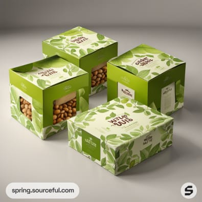 Four light green boxes featuring leaves and filled with nuts.