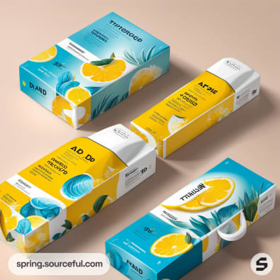 Rectangular boxes with sliced lemon graphics and blue, yellow, and white color schemes.