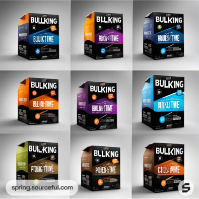 Grid of nine BULKING product boxes with various colors and labels.