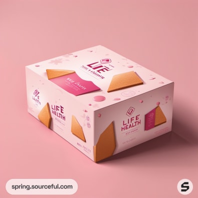 Rectangular pink box with wafer illustrations and floral accents.