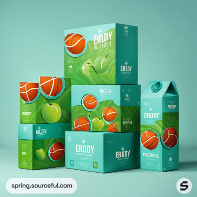 Stack of green boxes with fruit and basketball design.