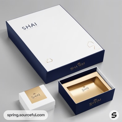 White and gold packaging with minimalist design in various box sizes and layouts.