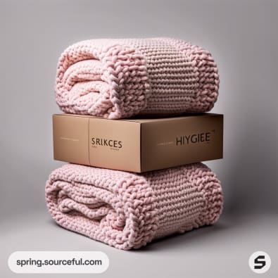 Two chunky pink knit blankets stacked on a brown cardboard box with a minimalistic design in a gray setting.